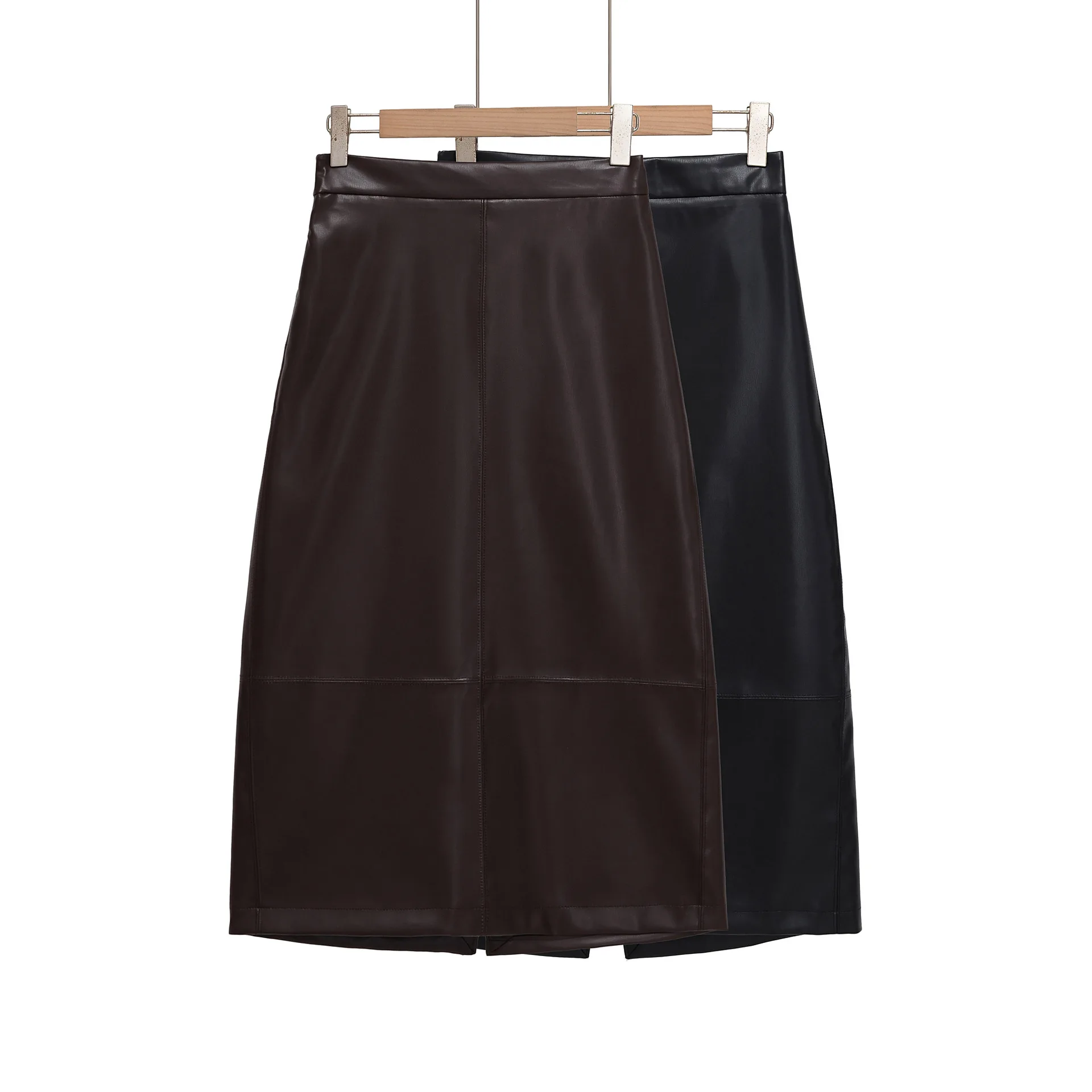 

Women's High-waisted Faux Leather Midi Skirt Slim-fit Solid Color Zipper Slit Patchwork A-line Skirt Commuting Autumn Chic Skirt