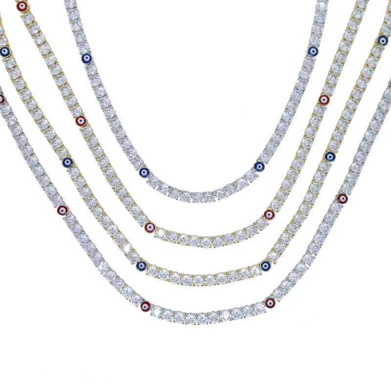 Turkish Blue Red Eyes 5mm Tennis Chain Iced Out Bling 5A CZ Cubic Zircon Luxury Choker Necklace Men Women Gift Hiphop Jewelry