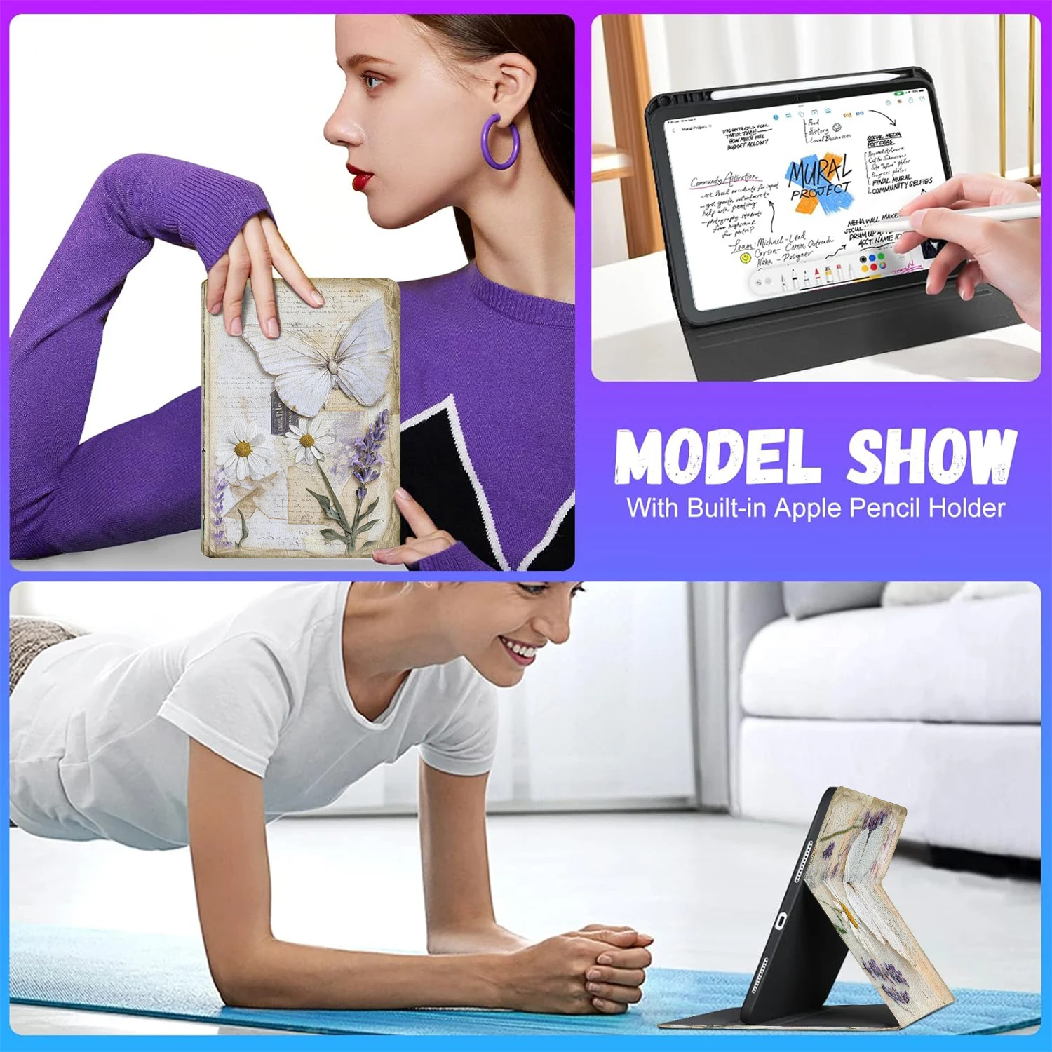 레트로 야생화 다이어리 나비 TPU 케이스 아이패드 2025 A16 11세대 10.9 2022 10세대 태블릿 스마트 커버 펜 홀더 포함