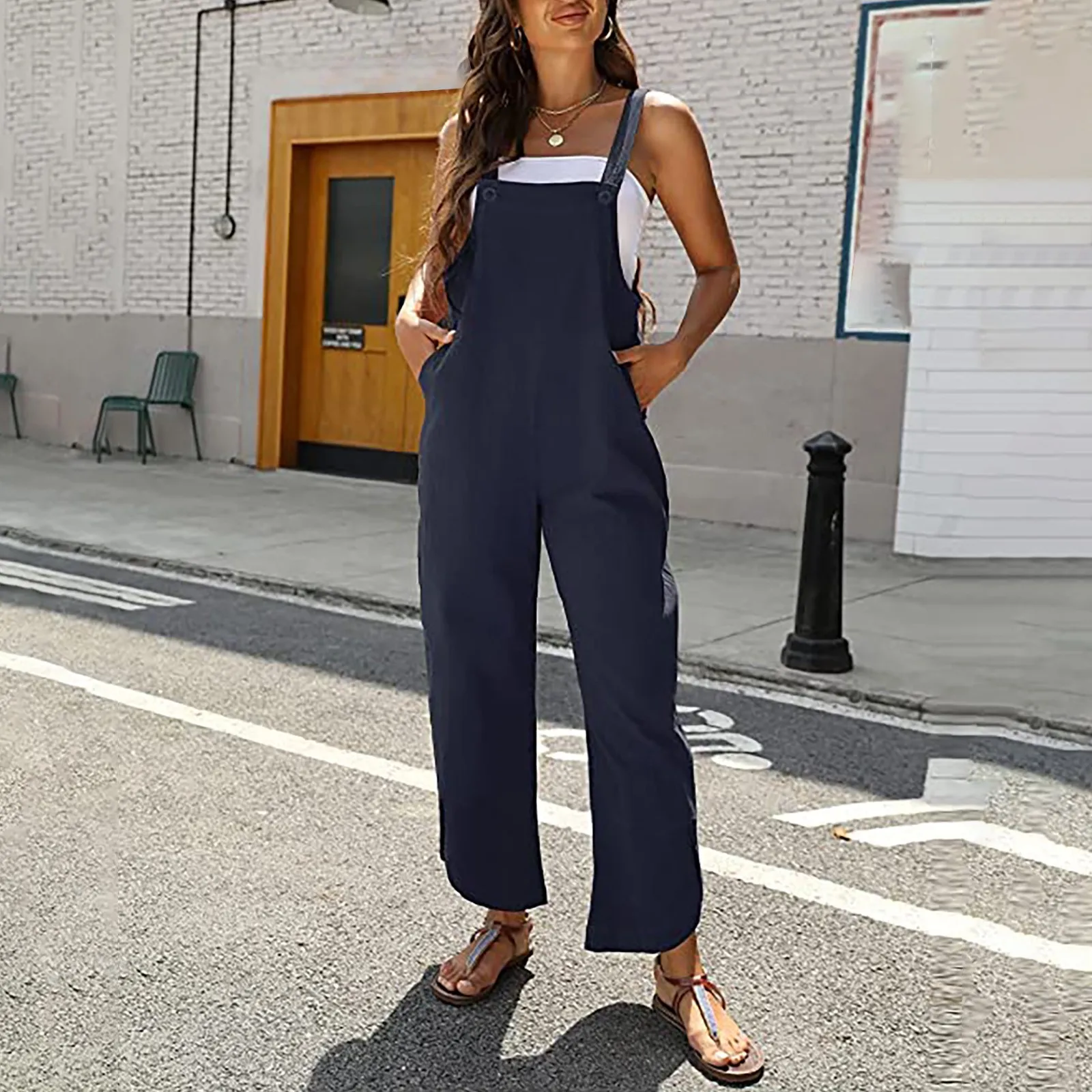 

Women Sleeveless Cotton Linen Bib Jumpsuit Baggy Capri Casual Playsuits With Pockets Ribbed Jumpsuit For Women Overall Pants