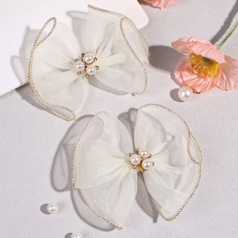 2Pcs Cute Bowknot Hairpin Fashion Pearl Korea Hairgrips Barrettes Sweet Chiffon Hair Bow Clip Handmade Headwear Hair Accessories