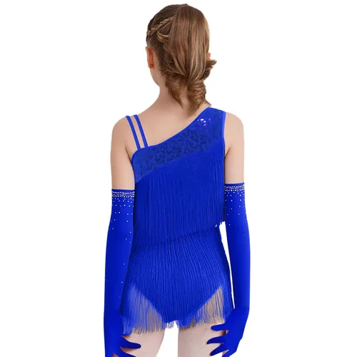 Imagen 2 del producto Leotardos de baile con flecos para niñas, leotardo asimétrico con diamantes de imitación, patinaje artístico, gimnasia rítmica, mono con borlas, vestido, Ropa de baile