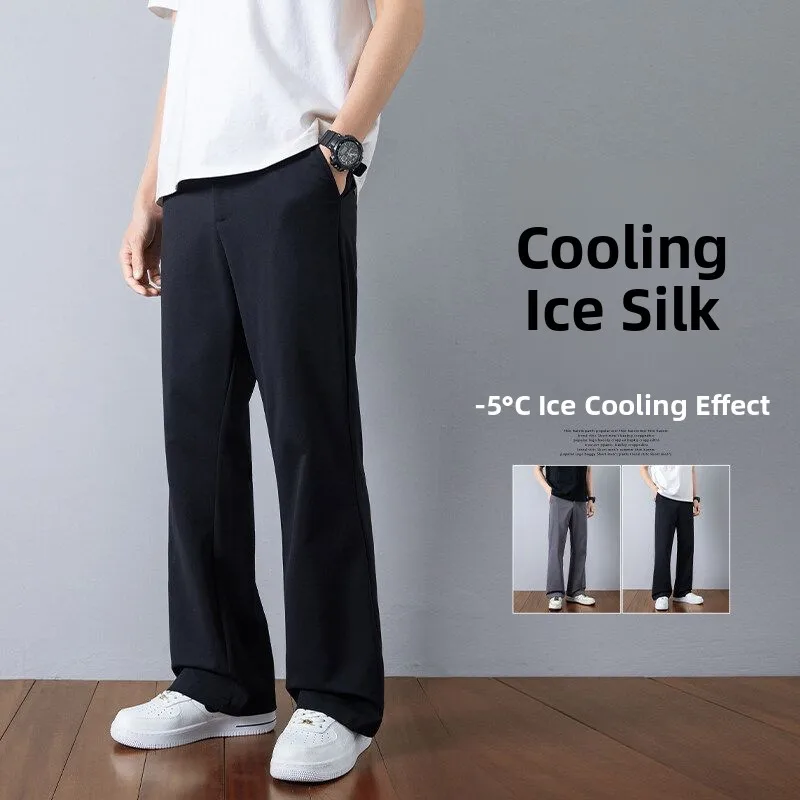 Ice Silk Cool Feeling Straight Leg Pants Men Summer Thin Loose Drape Casual Long Black Leisure Fashion Loose Fit Straight