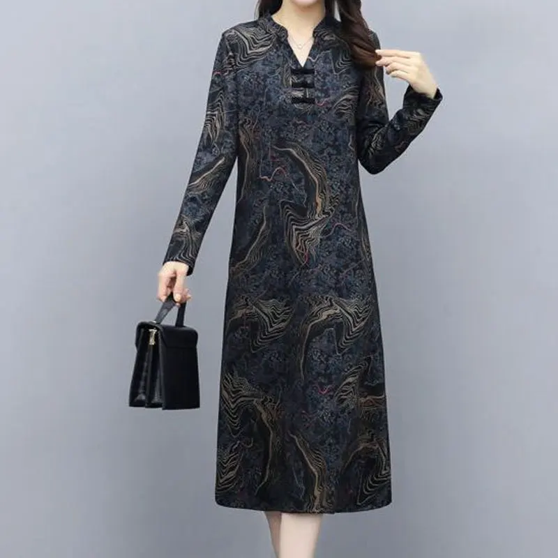 Moda donna Vintage pullover Midi Dress autunno moda abiti pullover manica lunga 2024 nuovo stile cinese abbigliamento donna