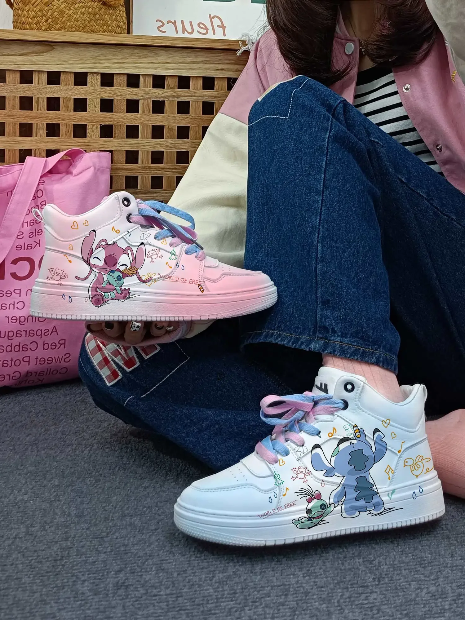 Stitch Cute Cartoon High Top Sneakers Autumn Winter Plus Velvet Thicken Versatile White Couple Round Head Flat Casual Shoes