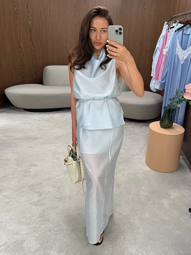 Elegantes Damen-Outfit: 2-teiliges Set mit ärmelloser Bluse mit Stehkragen und Schnürung sowie Hüftrock mit Schlitz – Sommer 2026 Neuheit für Damen