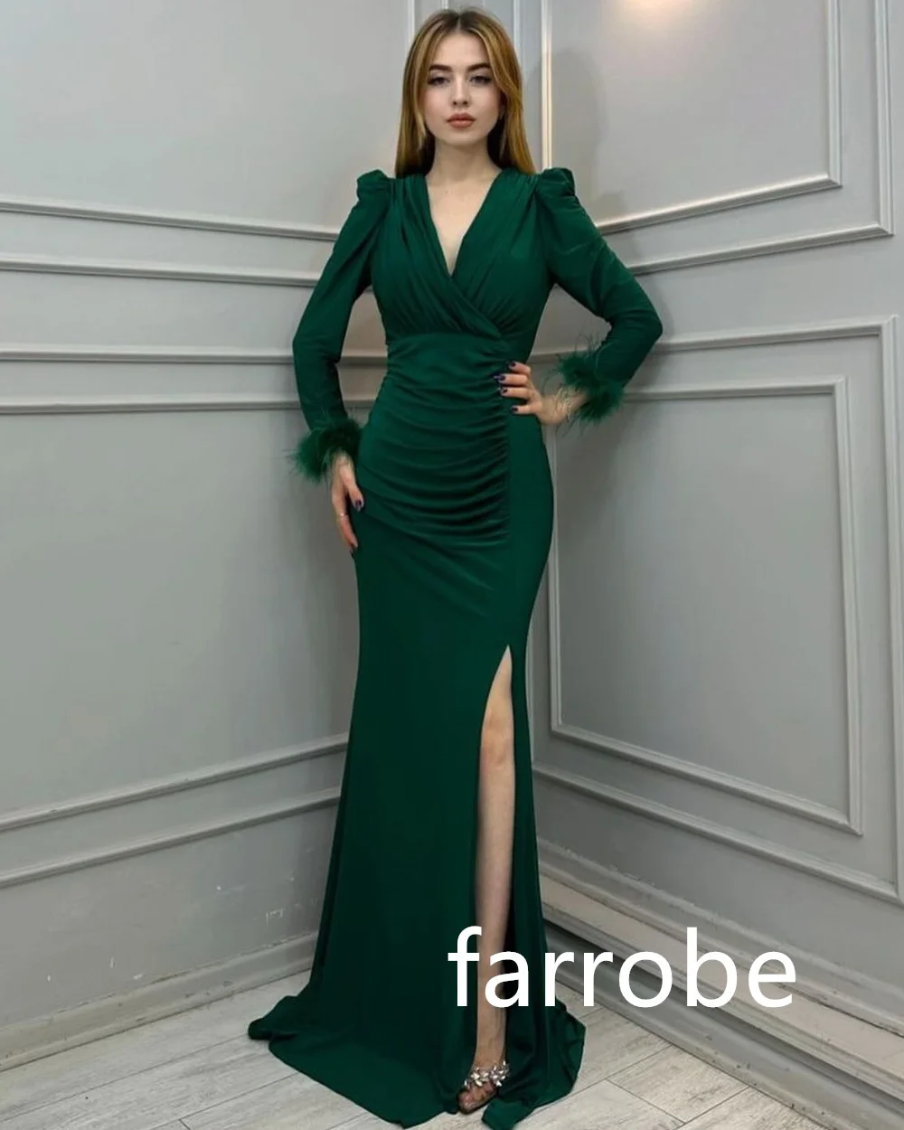 Customized Simple Jersey Pleat Feather Mermaid V-neck Long Dresses Bespoke Occasion Dresses Classic Exquisite Modern Style Pastr