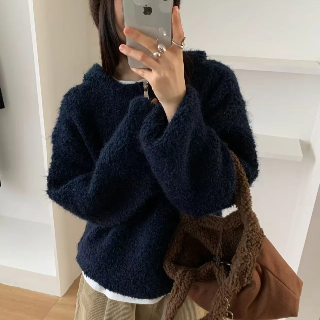 

Women's Loose Fit Thiened Soft Knitted Sweater Coat Autumn Winter f Zipper Hooded Lazy Sle Knitwear Top
