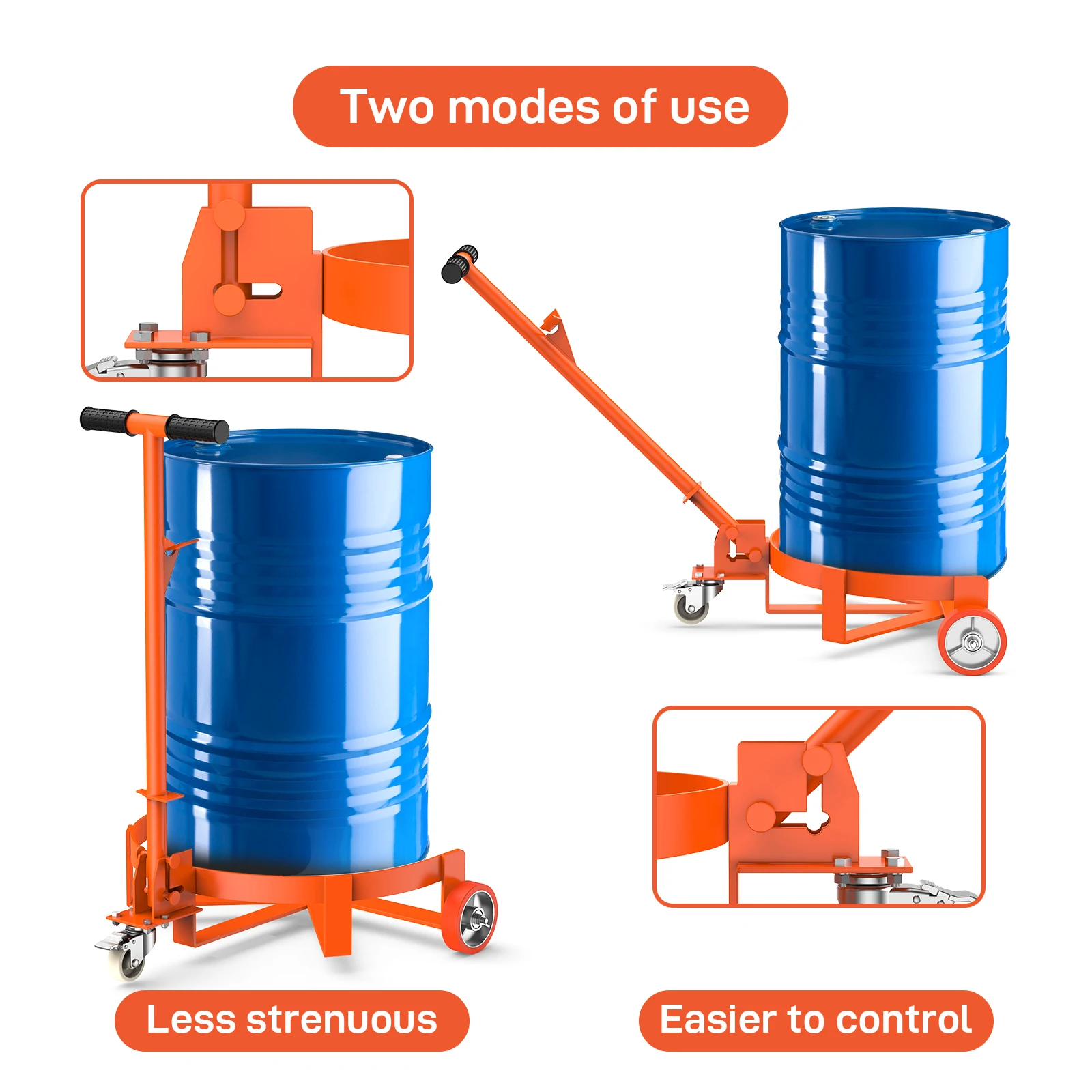 1000 LBS Heavy Duty Drum Dolly,55 Gallon Barrel Dolly With 3 Poly-on-Steel Wheels With Brake, Trash Can Dolly With Handle