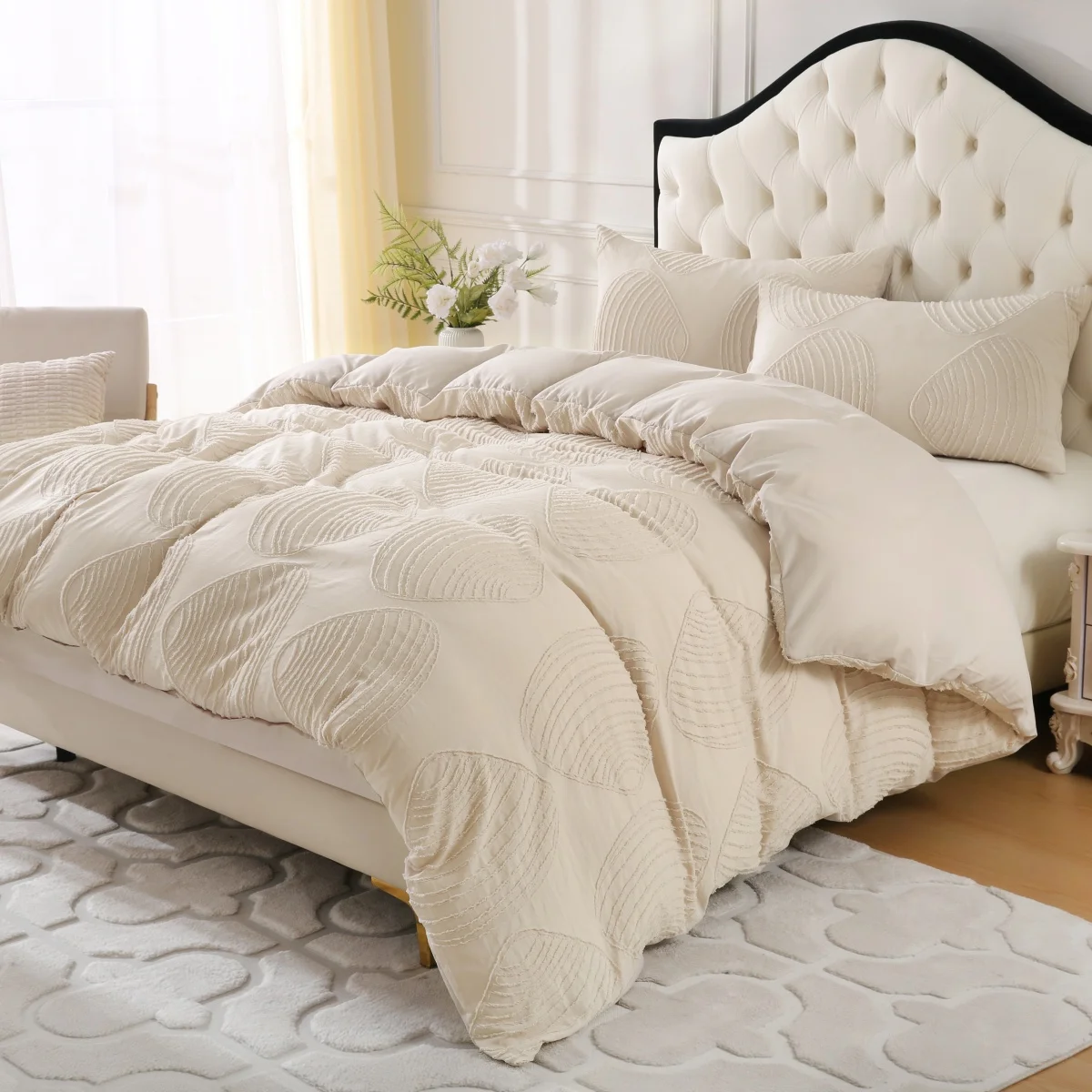 غطاء لحاف بيج توين كوين، 2/3 قطعة من قماش الجاكار الجمالي المزخرف، طقم سرير رث أنيق على طراز المزرعة