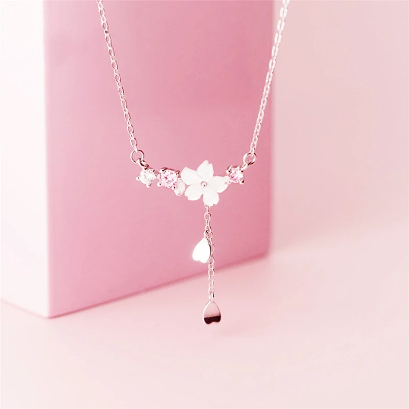 Sole Memory Shell Flowers Zircon Tassels 925 Sterling Silver Female Necklace For Women Jewelry Party Birthday Gift NE601