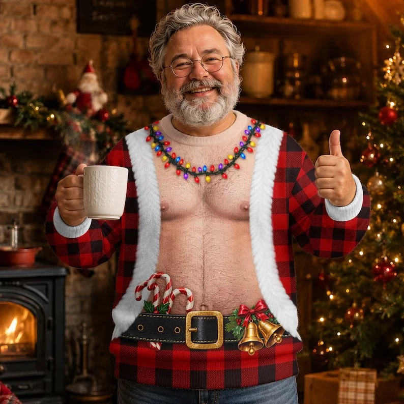 2026 New Plaid Fake Muscle Chest 3D Print Ugly Christmas Sweater Funny Xmas Long Sleeve Pullover Unisex Winter Holiday Men Tops