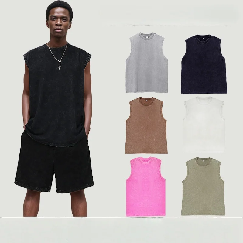 

2024 Summer New cotton Men's Washed Cotton Tank Tops Muscle Gym Sleeveless Workout T Shirts Running Beach Loose Tees