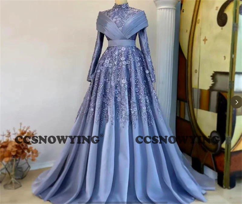 

Blue Satin Appliquies Muslim Evening Dresses Arabic Dubai Long Sleeve Hijab Women Formal Party Gown A Line Robes De Soirée