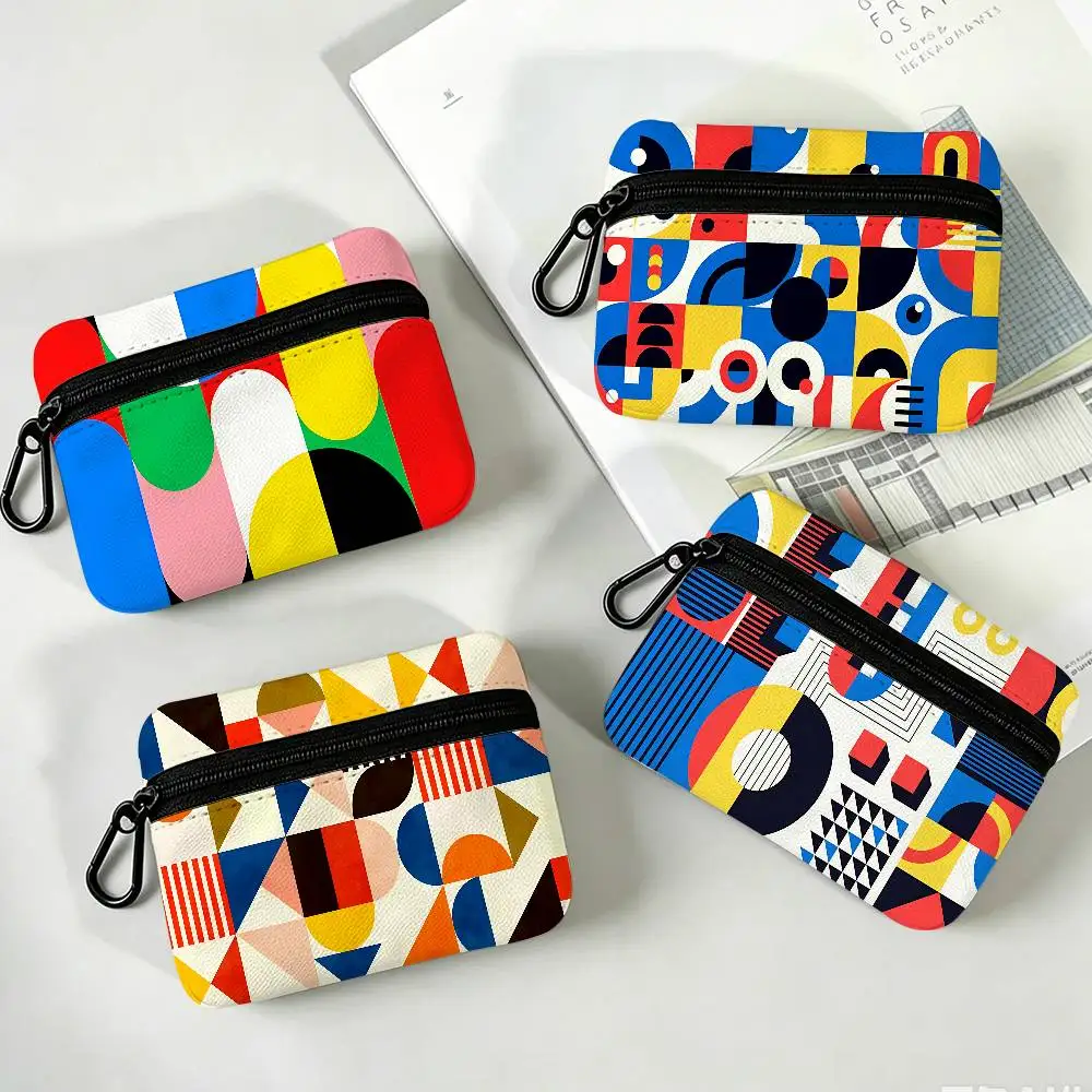 Bauhaus Modern Simplicity Geometric Mini Oxford Cloth Coin Purse With Carabiner Hook Portable Key Card Wallet Small Zipper Pouch