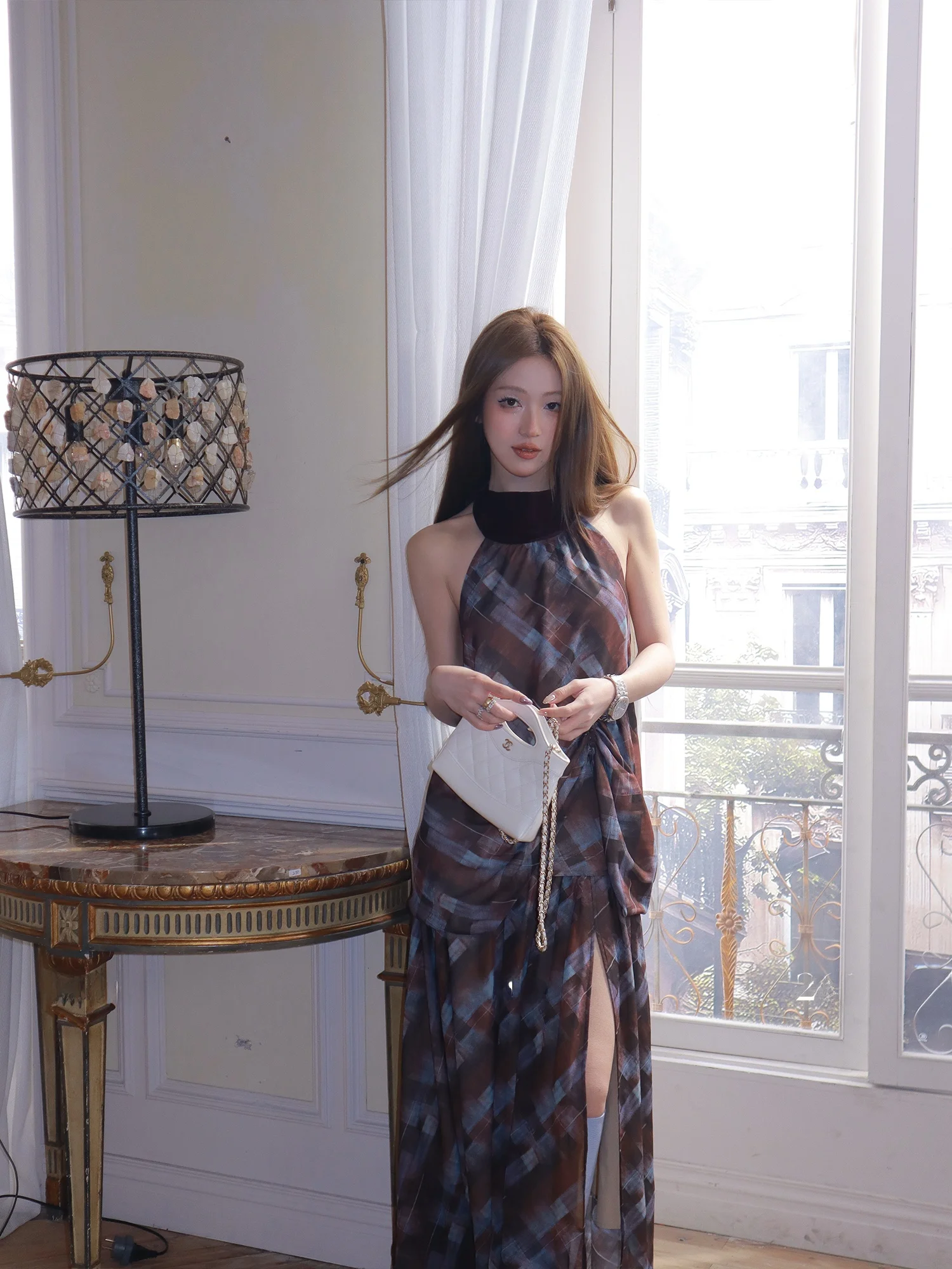 

Lazy Plaid Ne Hanging Top f Skirt Set SONG WEN Spring Faion Women's Loose Fit French Sle Midi Skirt Ensemble