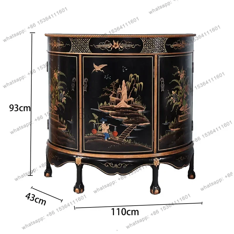Painted Semi Round Side Cabinet Chinese Retro Style Solid Wood Landscape Art Decorative Storage Cabinet Wall Mounted