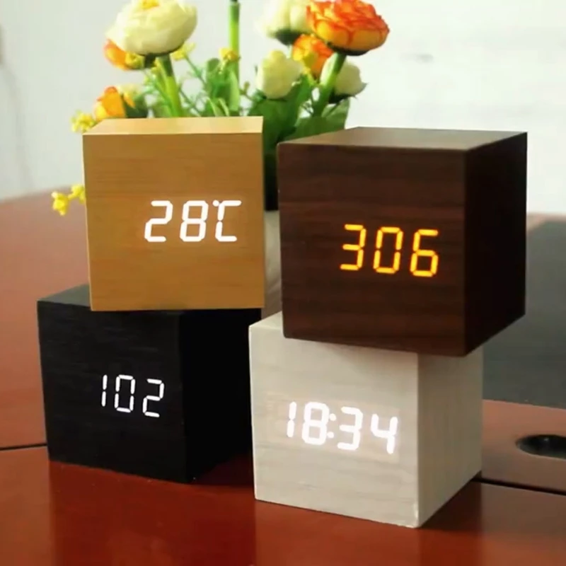 Wood Cube Voice Control Alarm Clock School Office Bedroom Table Decoration