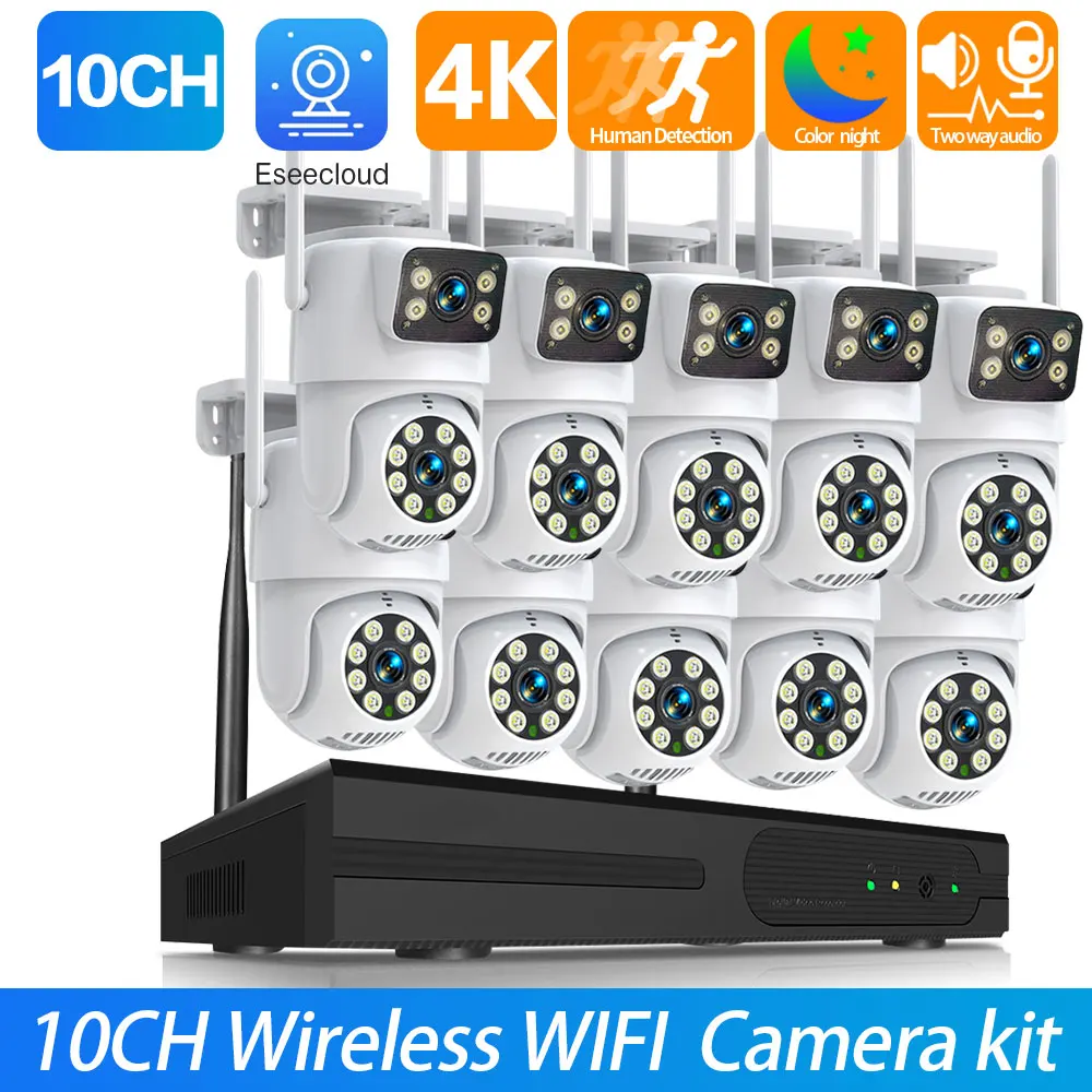 

4K Dual Lens Wifi PTZ Camera Kit 8CH Outdoor Color Night Vision Wireless NVR Kit 10CH 2 Way Audio CCTV Video Surveillance Set