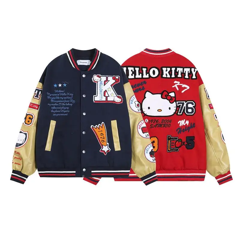 American Retro Hellokitty Embroidered Baseball Jacket Autumn New Oversize Men's and Women's Models Jacket Friend Birthday Gift