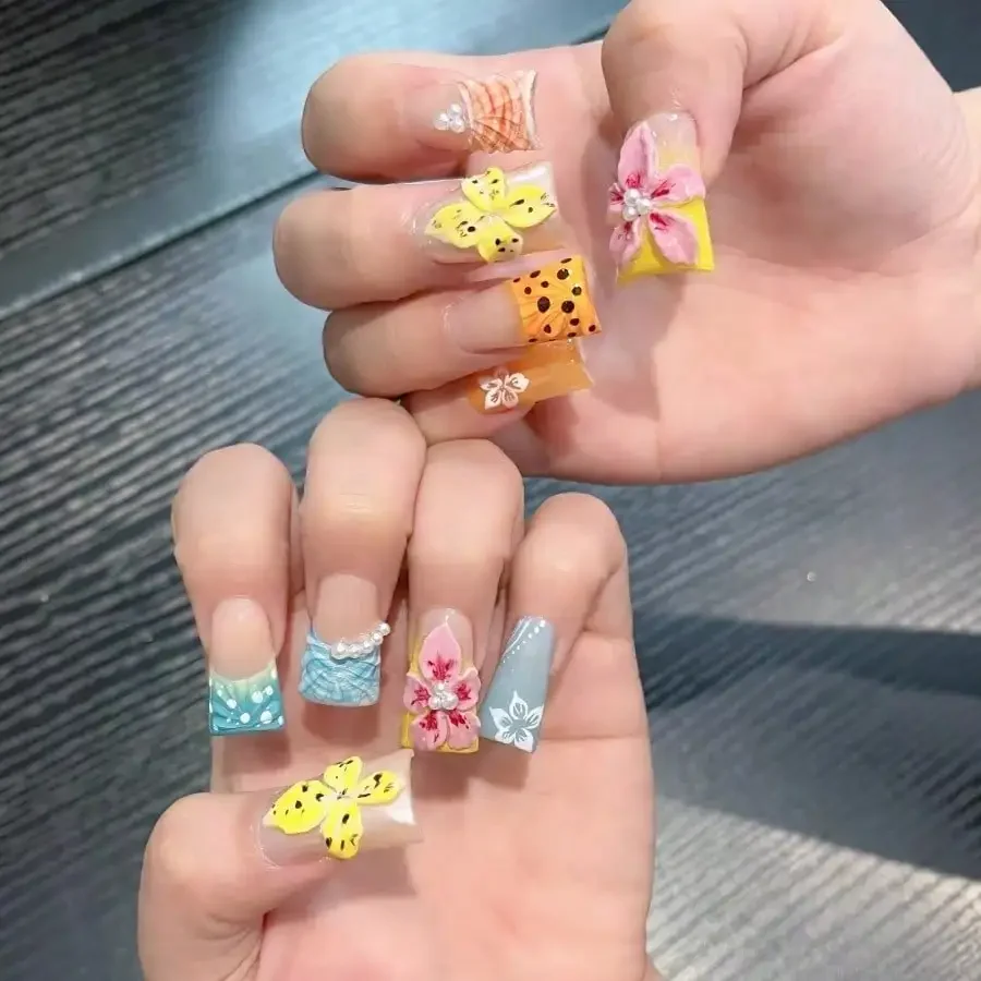 24Pcs Summer Floral 3D Duckbill Press On Nails, Reusable Non-Damaging, For Daily Party Beach Vacation, Free Shipping