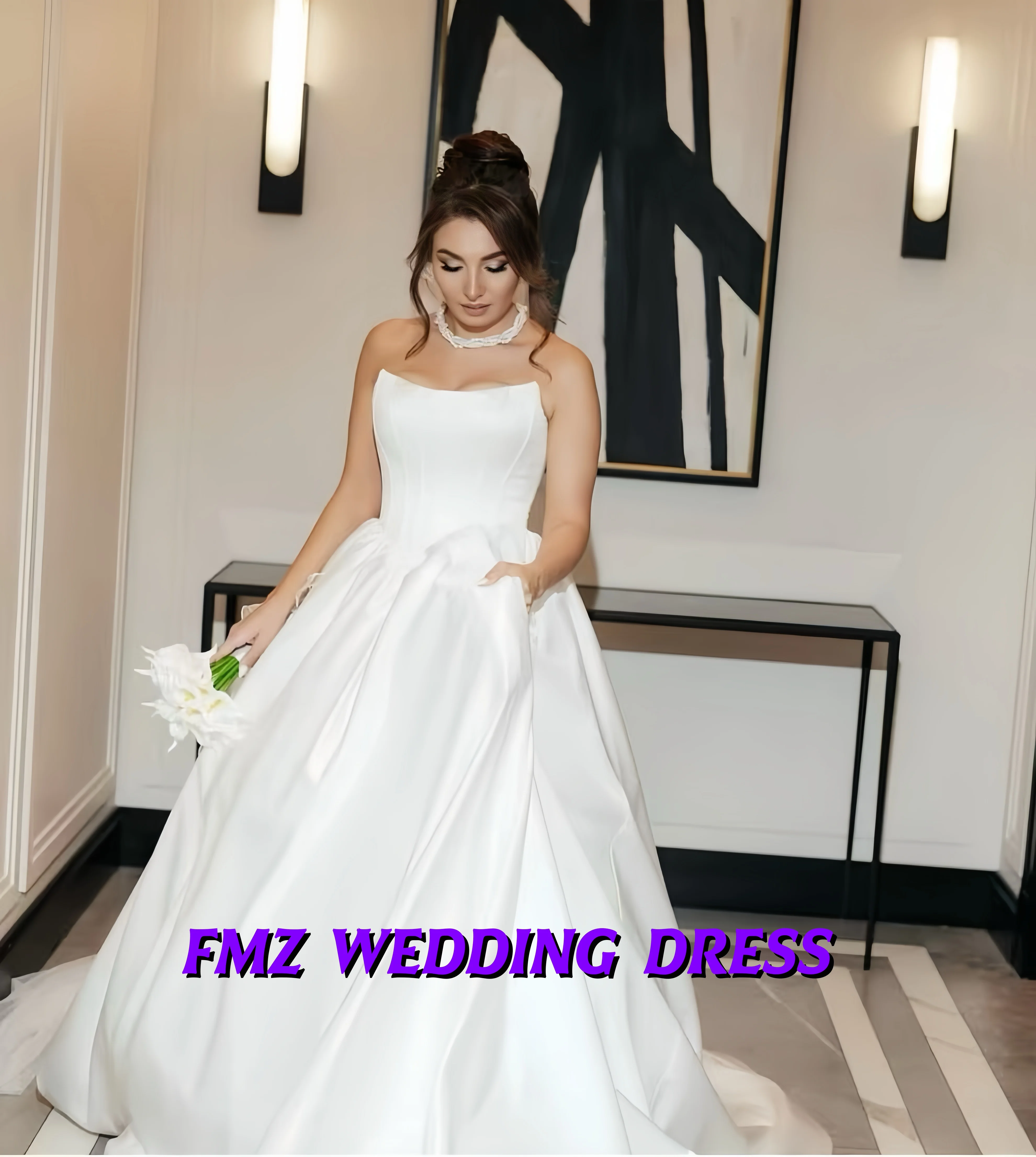 

Customized Elegant wedding dress strapless sleeveless A-LINE satin robe de mariee wedding dress vestidos de novia