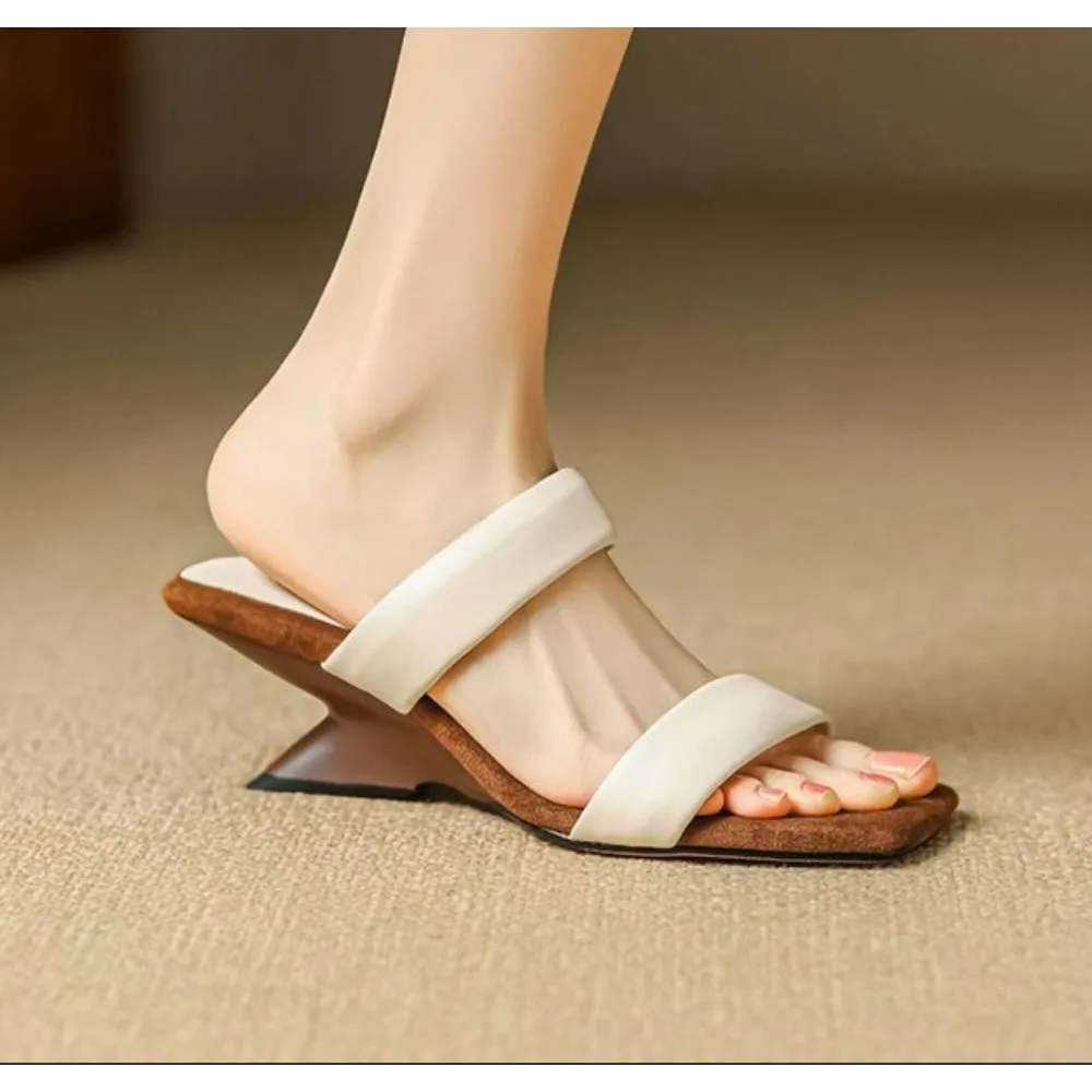 

Summer New Outward Wear Temperament Open Toe with Skirt High Heel Sandals Women Square Head One Belt Wedge Cool DragMuller Shoes