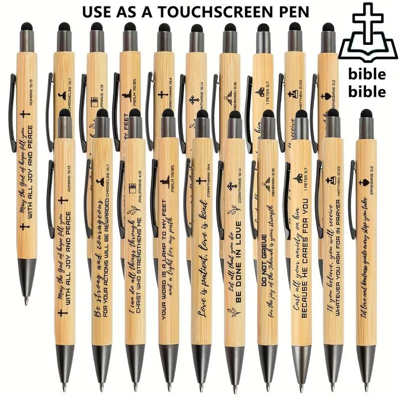 Stylo à bille avec verset biblique inspirant, en bambou, pour écran tactile, cadeau pour le bureau, l'école, la religion, vente en gros, 10/20 pièces