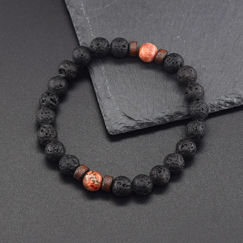 8mm Volcanic Stone Bracelet Men Women Stimulate the Circulation of Blood Natural Red Leopard Skin Beads Bangle Gift for Father