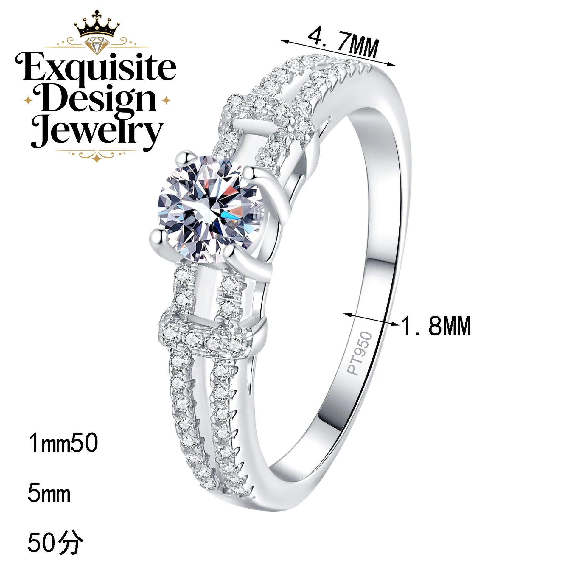 Exquisite Platinum PT950 Romantic 0.5-Carat Mossanite Wedding Ring Simple Double-Band Diamond-Set Ring for Women