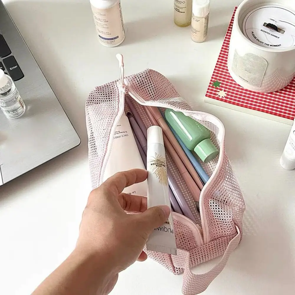 便利なハンドル付きメッシュトイレタリーバッグ折りたたみ式通気性トイレタリー収納バッグ速乾性化粧ブラシバッグ洗濯ハンドバッグビーチ