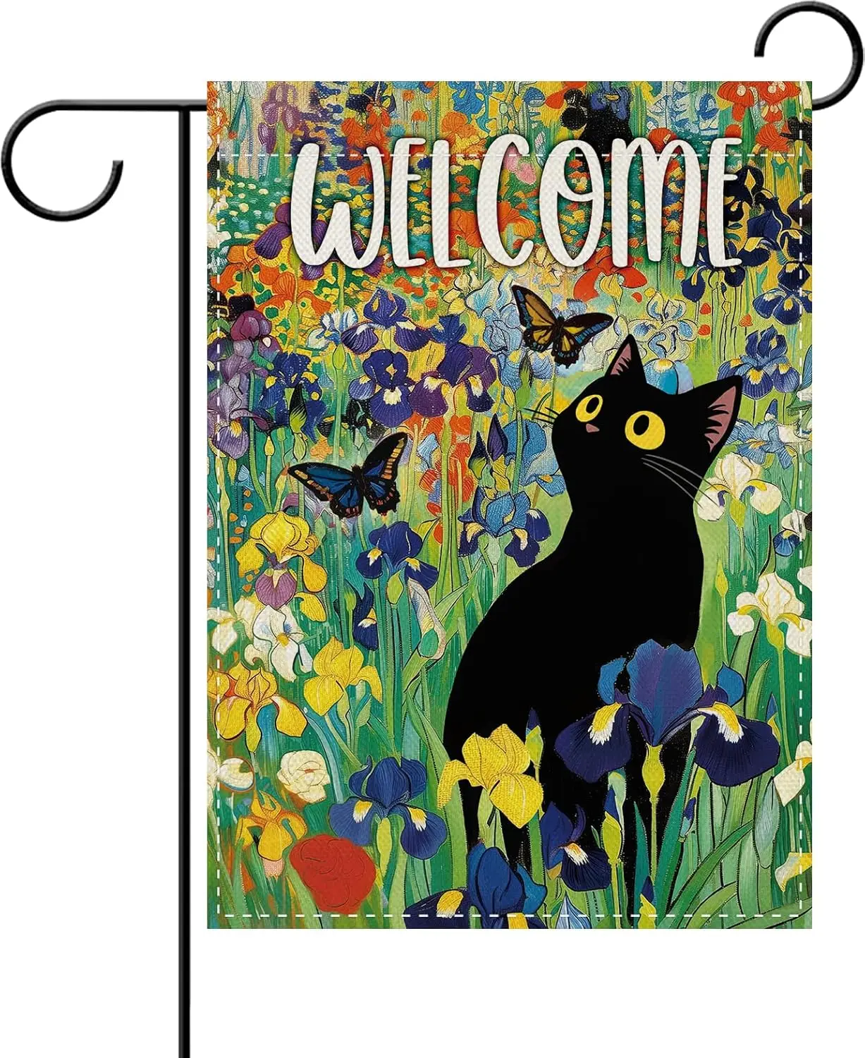 Dyrenson Welcome Spring Summer Black Cat Floral Decorative Garden Flag, Iris Flower Yard Outside Home Decoration Pet Cat Own IIC