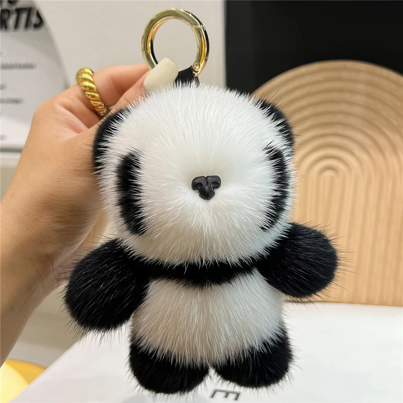 Real Mink Fur Keychain Cute Panda Plush Toy Women Bag Pendant Car Keyring Ornaments Rearview Mirror Trinkets Girl Birthday Gift