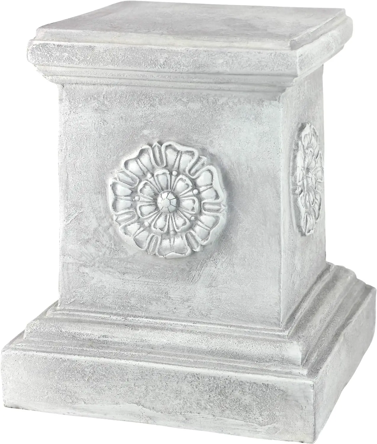 

English Rosette Indoor/Outdoor Sculptural Garden Plinth Base Statue Riser, 11 Inches Wide, 11 Inches Deep, 13 Inches High