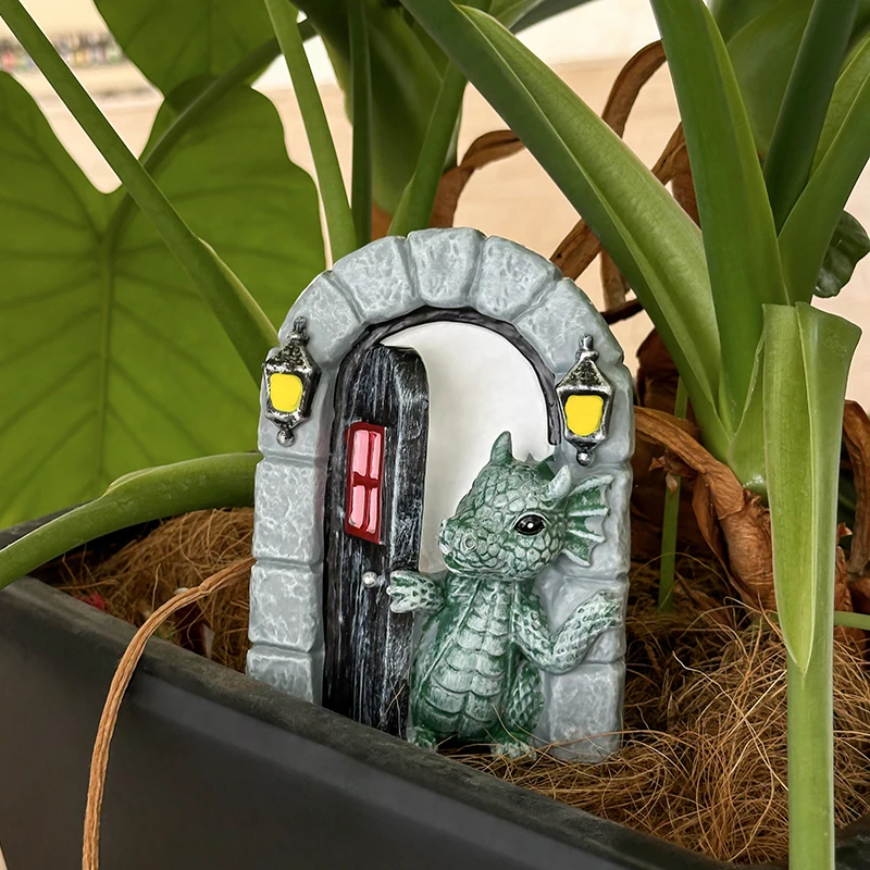 Mini Fairy Garden Resin Statue Set Little Dragon Door & Witch Window Figurine for Flower Pot Patio Outdoor Tabletop Decor Accent