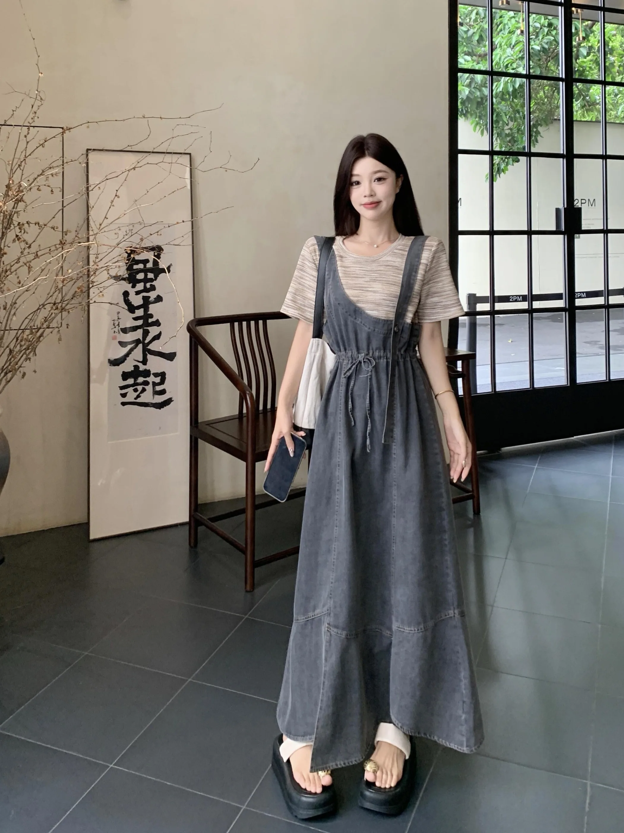 

plus Size Women's Vintage Irregular Denim Overalls Summer New Sle Elely Waist-Cinching Long Dr Commute Faion