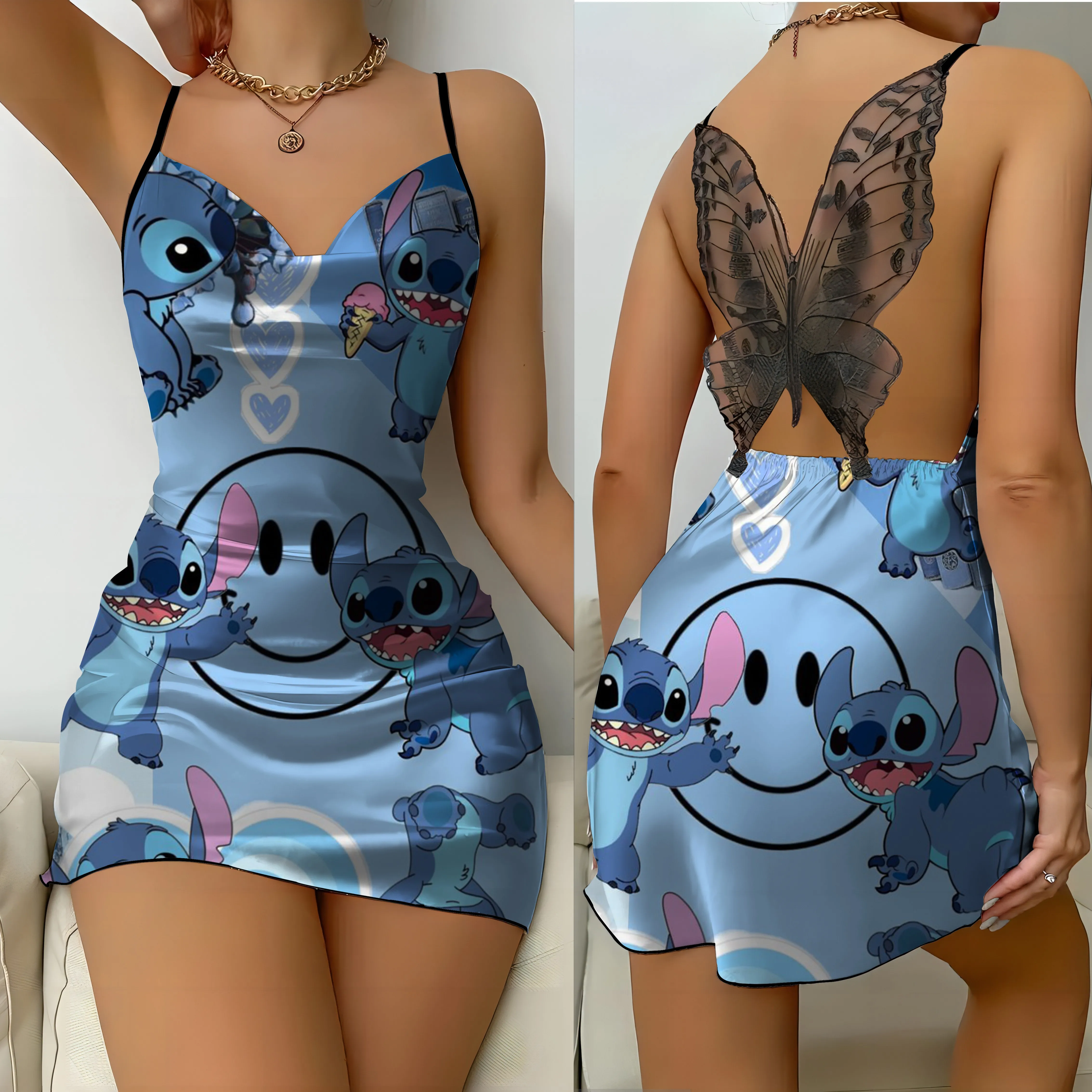 Disney-Saia feminina de pijama superfície de cetim, vestido de laço, ponto, sem costas, mini, sexy, festa, moda, verão, 2024