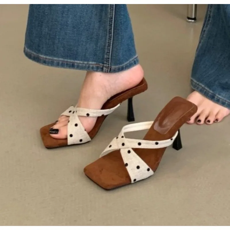 

Satin Polka Dot Butterfly Knot Decorative Heeled Sandals Women Open Toe Slide Sandals Summer Elegant Stiletto High Heel Slippers