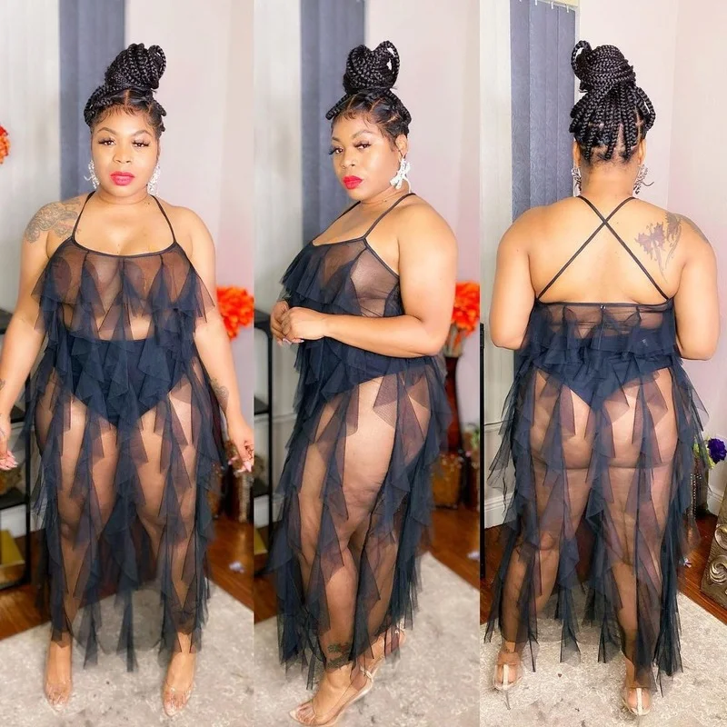 

Black Plus Size Dress Women Solid Mesh See-through Sleeveless Strap O-neck Long Maxi Dresses Sexy Fashion Vestidos Summer 2021