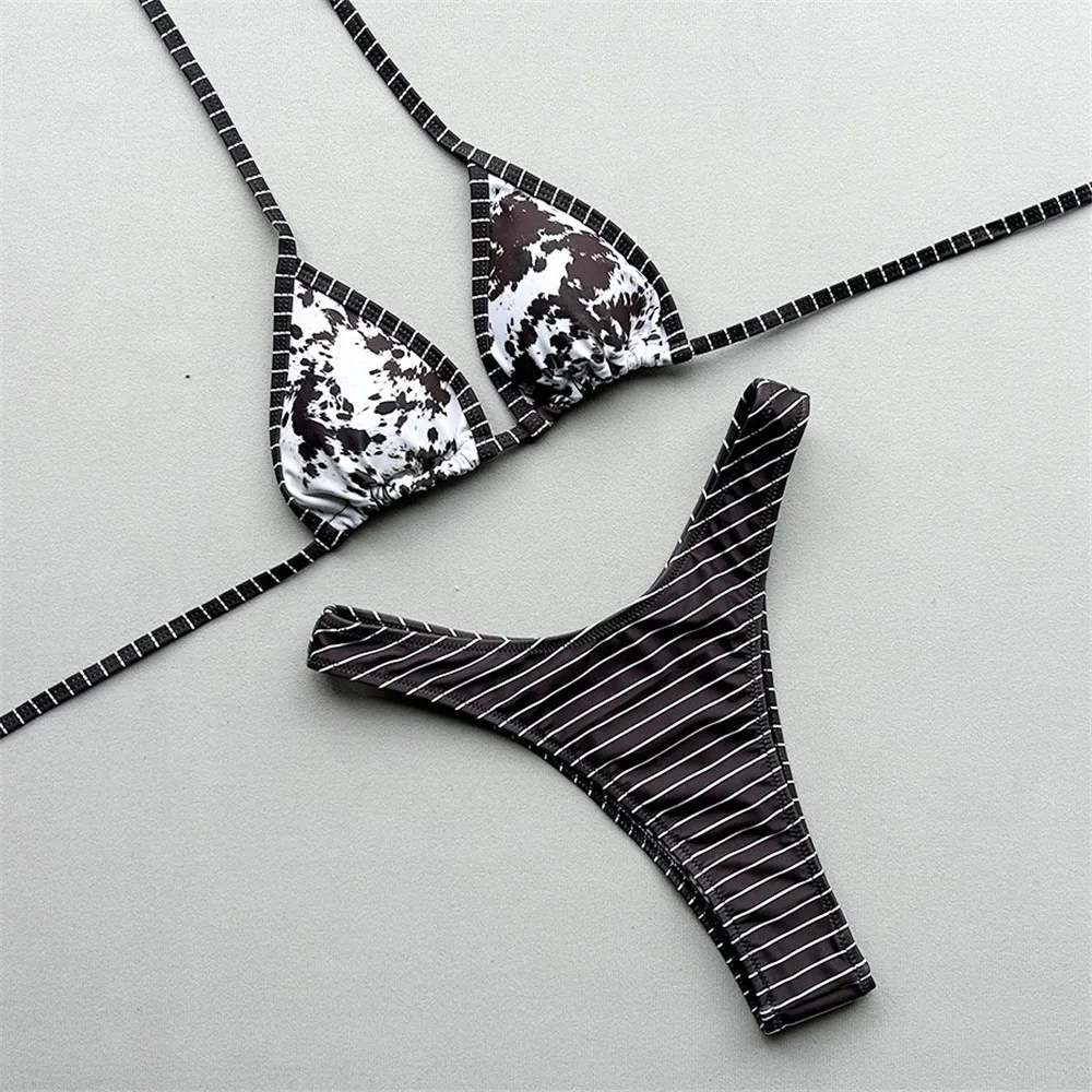 

Сексуальный микро-бикини с треугольными чашечками и завязками на шее, в полоску, с принтом, женский купальник-стринги, комплект бразильских бикини 2026