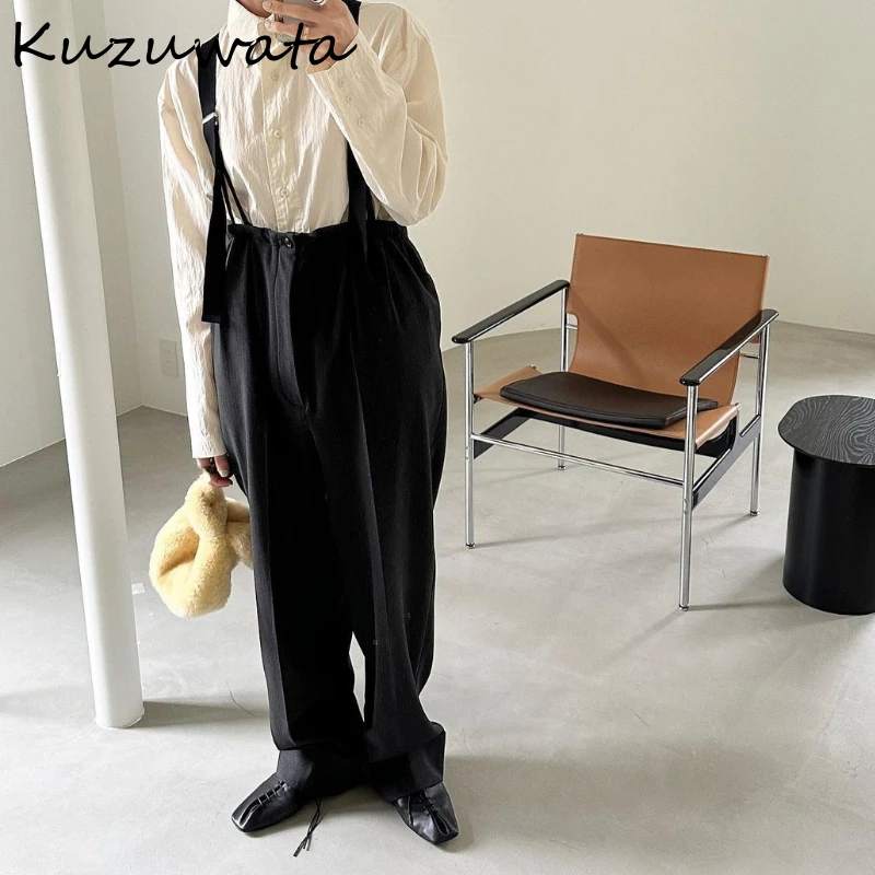 Kuzuwata Vintage High Waist Wid Leg Pants Casual Loose Pockets Sweatpants Japanese Early Autumn Fall Elegant Straps Trousers