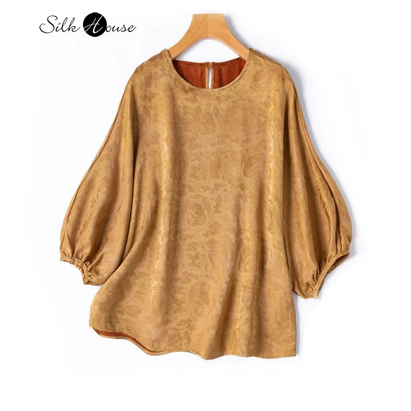 

Temperament Camel Gold Breathable 100% Natural Mulberry Silk Jacquard Gambiered Guangdong Gauze Lantern Seven Sleeve T-shirt