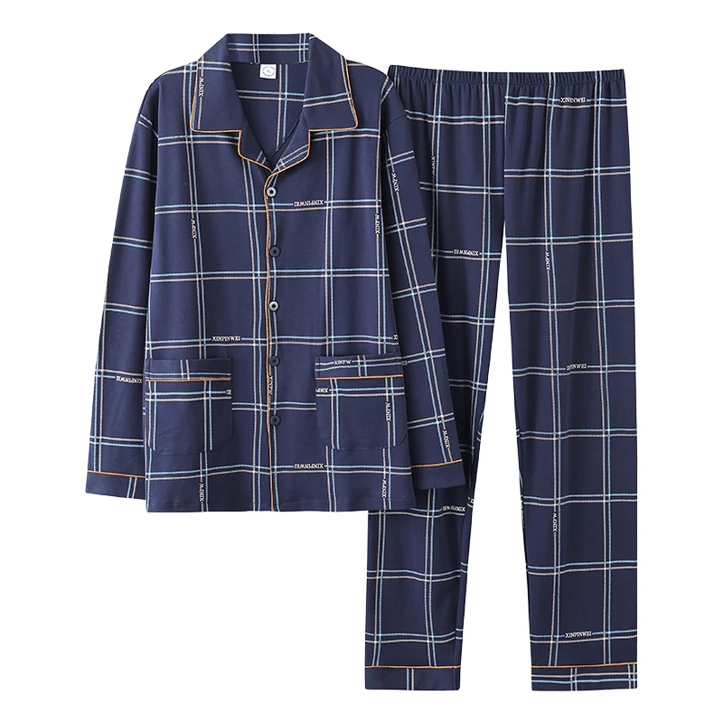 Men's 100% Cotton Lapel Cardigan Pajamas Plaid Sleepwear Spring Autumn Casual Comfortable Pajamas for Men Big Yards Pajama Sets