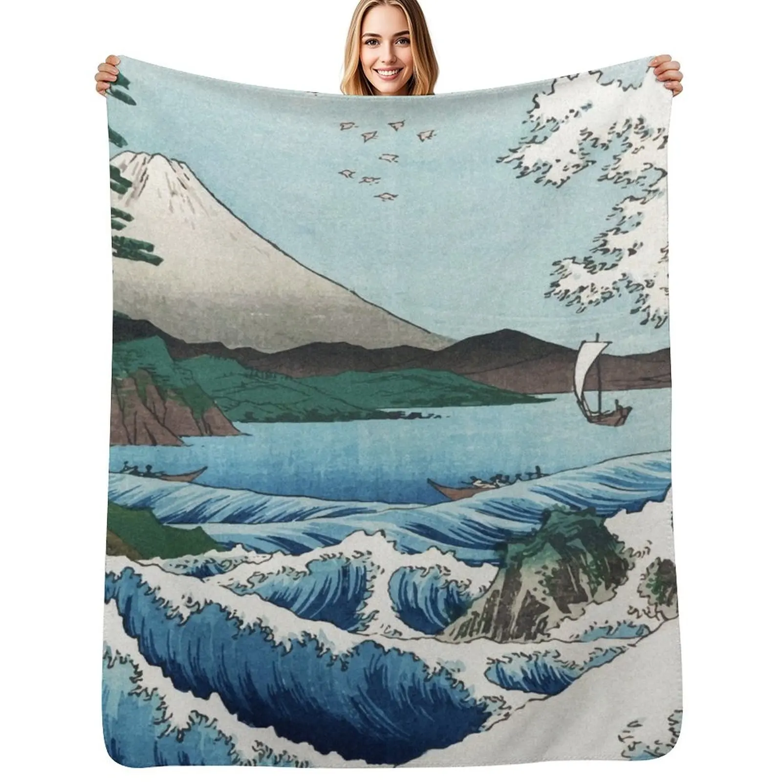 

Hiroshige the Sea off Satta Japan with volcano, crashing waves and fishermen by Japanese ukiyo-e artist nature vin Throw Blanket