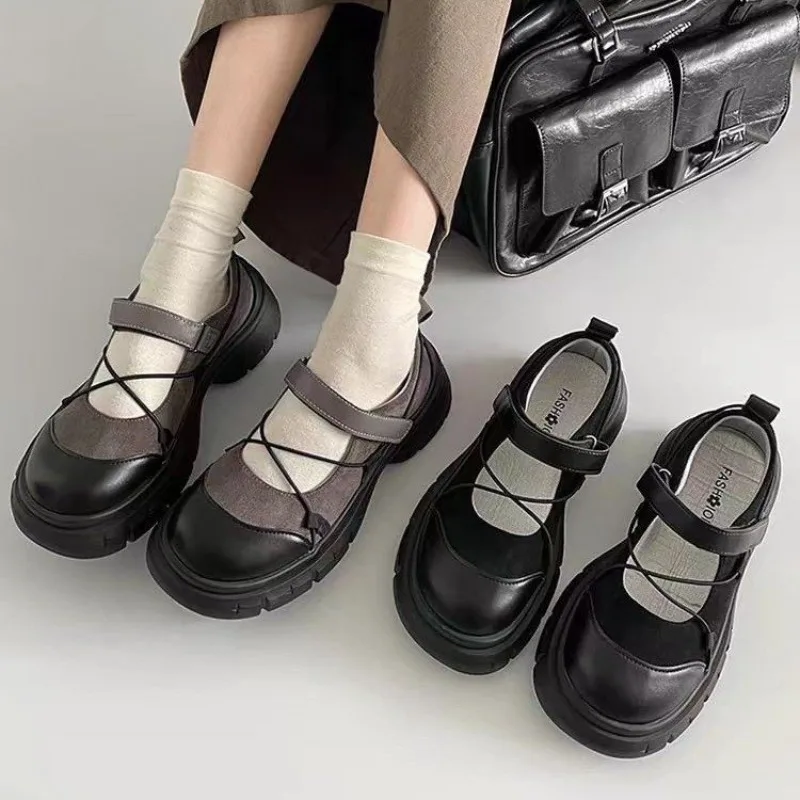 Retro Thick Bottom Mary Jane Shoes Women New Fashion Chunky Heel Women\'s Sneakers Black Gray Heightening Shallow Single Shoes