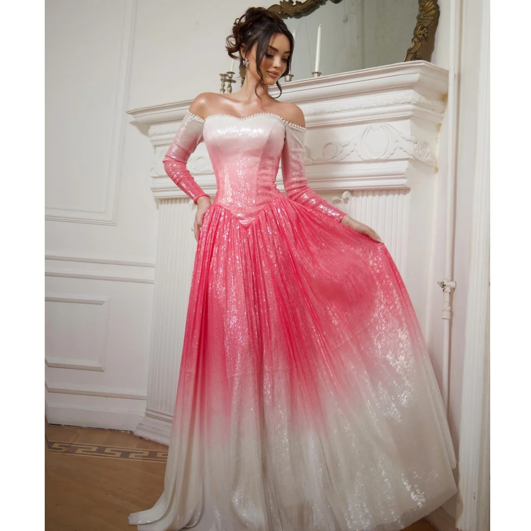 Gradient Color Sequined Evening Dresses Long Sleeves Off the Shoulder Beading Party Dress Luxury Prom Gown Vestidos Customized