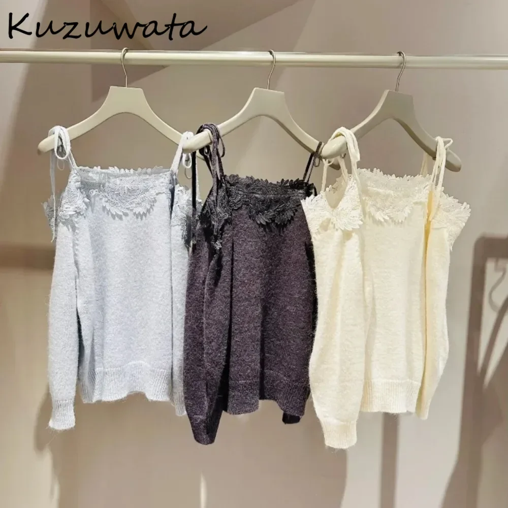 Kuzuwata Luxury Sling Slash Neck Long Sleeve Lace Pull Femme Patchwork Off Shoulder Pullover Knitted Japan Literary Lace Up Tops