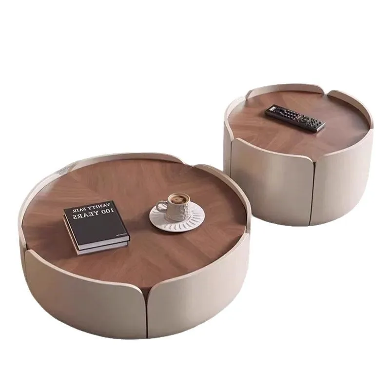 

Italian round rock slab coffee table advanced combination household solid wood coffee table small apartment light luxury