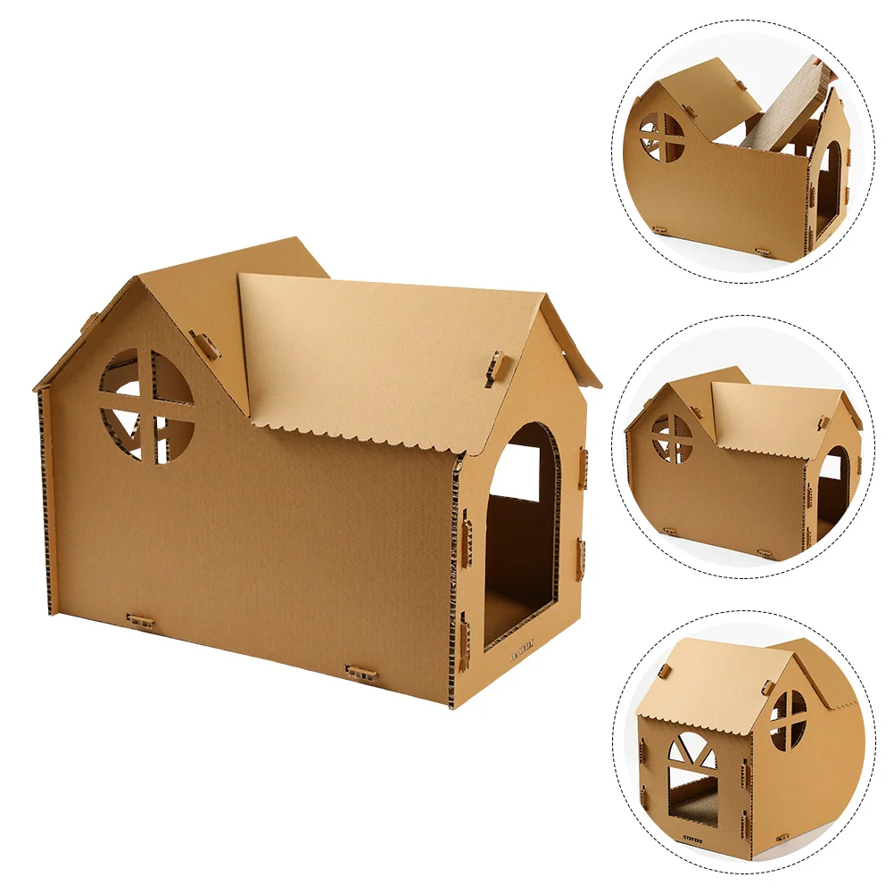 Cat Tent Bed House Toy Scratcher Semi-closed Kitten Light Brown Corrugated Paper