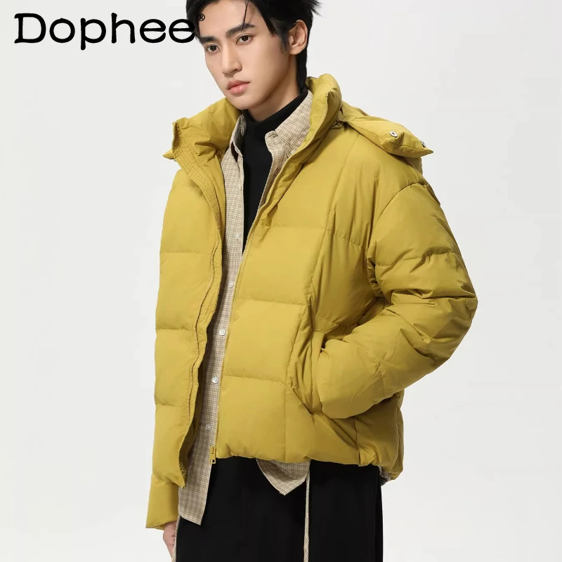 

Fashion White Duck Down Jackets 2025 Men Winter New Hooded Loose Comfort Warm Down Coats Solid Color Long Sleeve Simple Coats